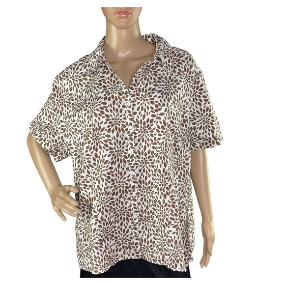 Kim Rogers Womens 2X 100% Linen Button Up Blouse Short Sleeve Shirt Brown‎ White - Picture 1 of 12